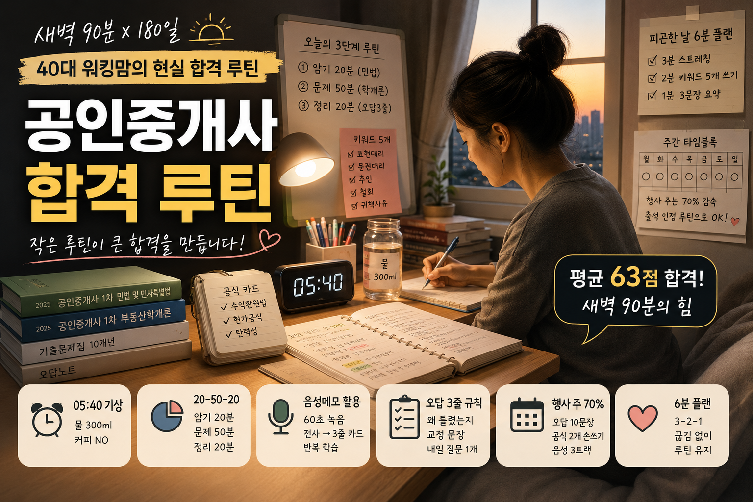 새벽 90분 공부 루틴으로 공인중개사 1차 시험을 준비하는 40대 워킹맘의 현실적인 공부 환경과 시간관리 전략을 담은 대표이미지