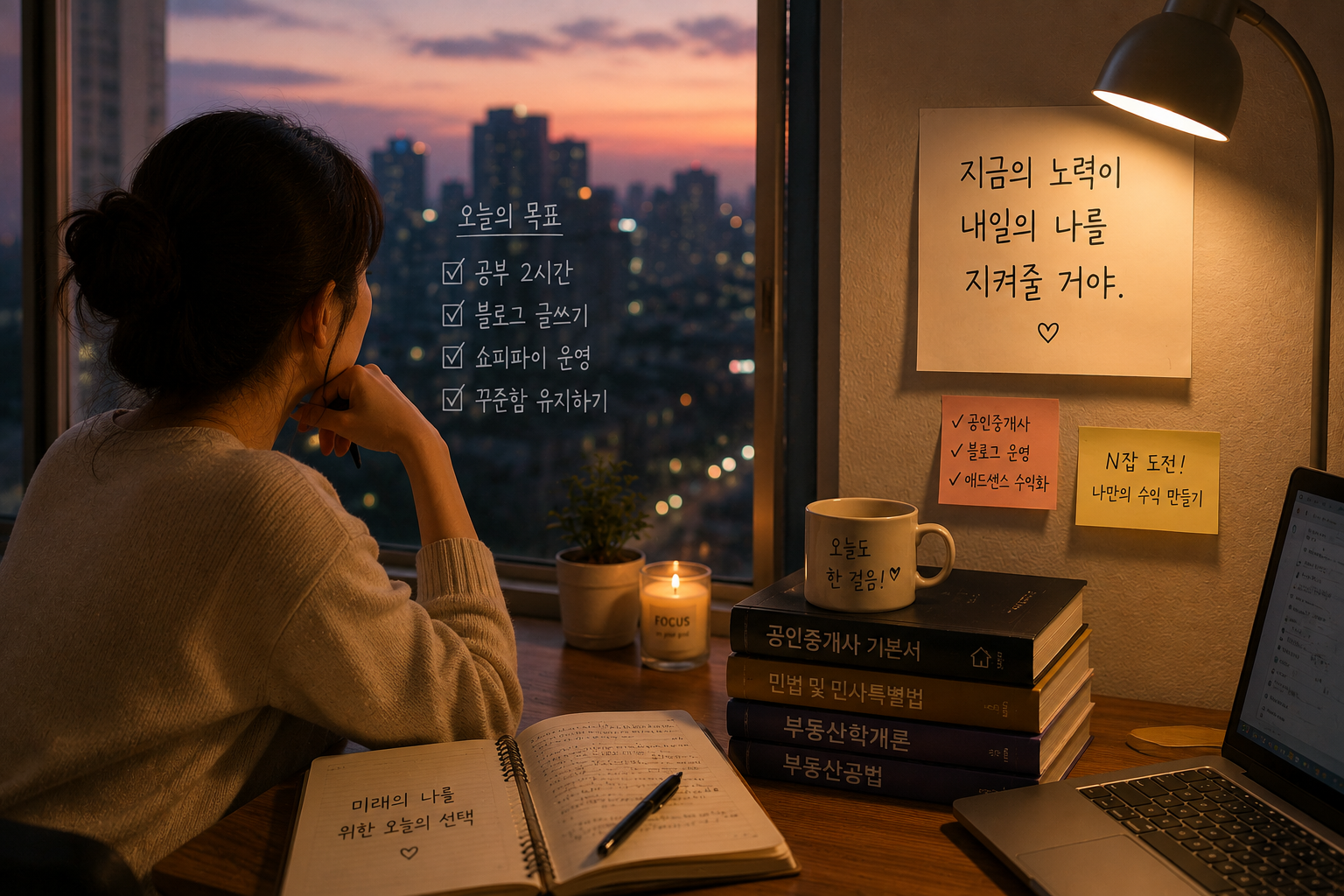 퇴근 후 밤에 공인중개사 공부와 블로그 운영을 병행하며 N잡을 준비하는 직장인 여성의 감성적인 작업 공간 이미지