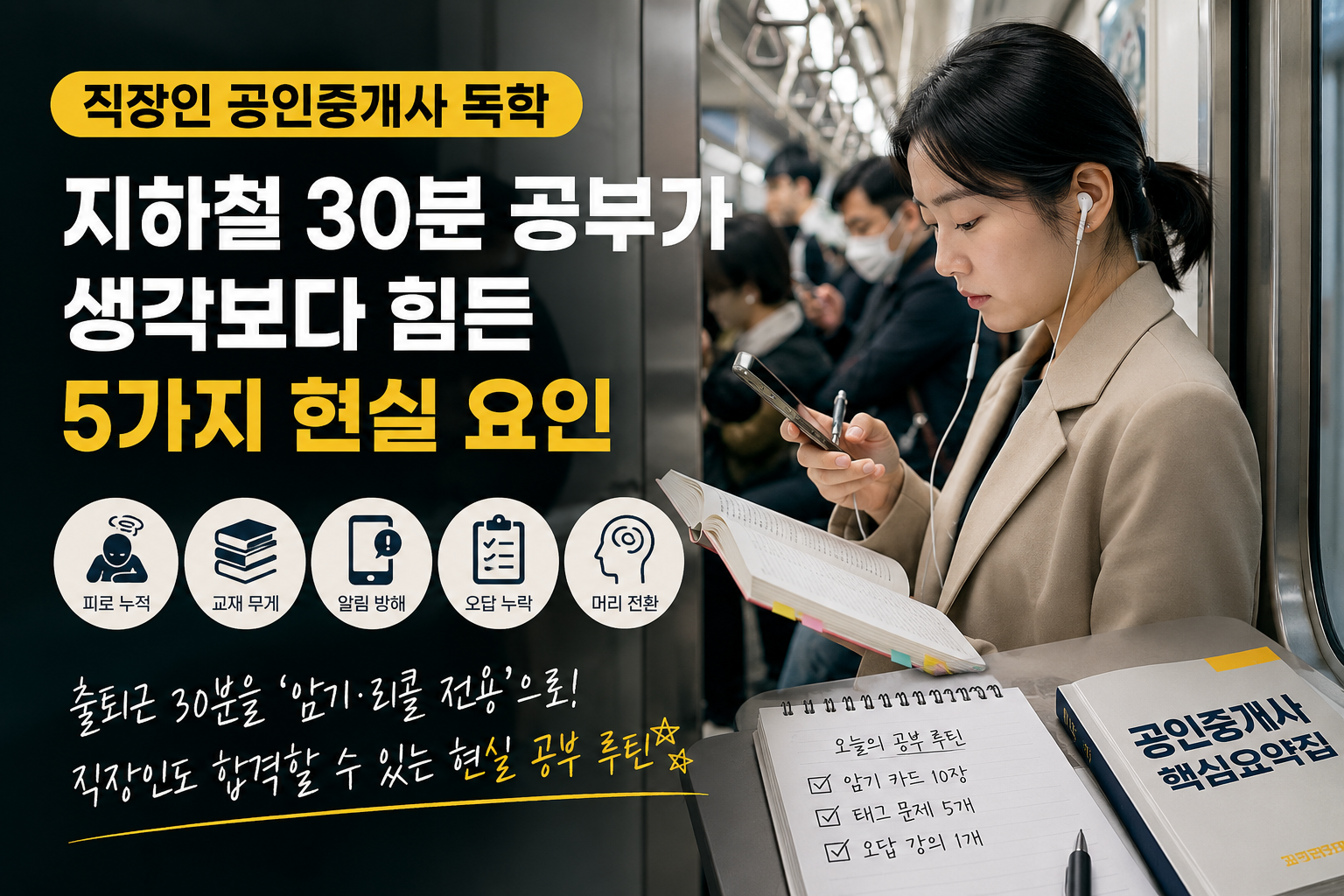 지하철에서 공인중개사 시험 독학을 하는 직장인 여성과 출퇴근 공부 현실을 설명하는 대표 이미지