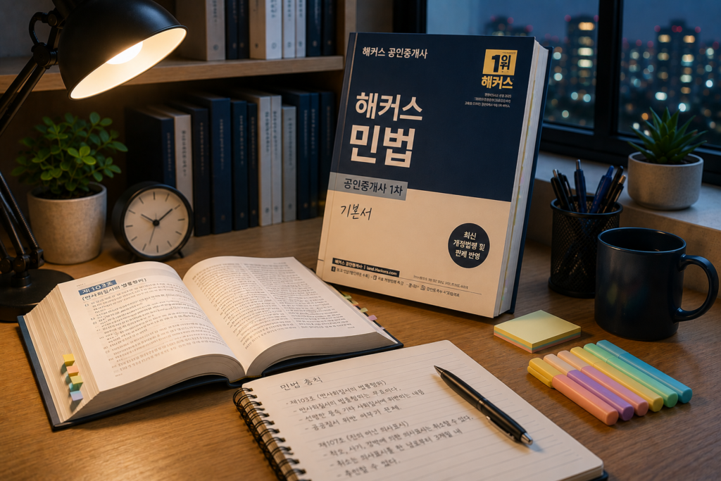 퇴근 후 해커스 민법 문제집으로 공인중개사 시험을 준비하는 직장인 수험생의 야간 공부 책상 이미지