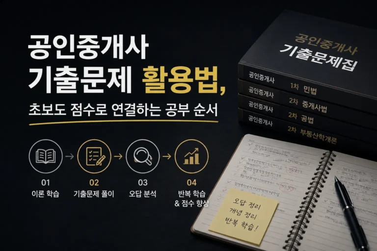 어두운 배경 책상 위 공인중개사 기출문제집과 오답노트가 놓여 있고 기출문제 공부 순서를 설명하는 대표 이미지