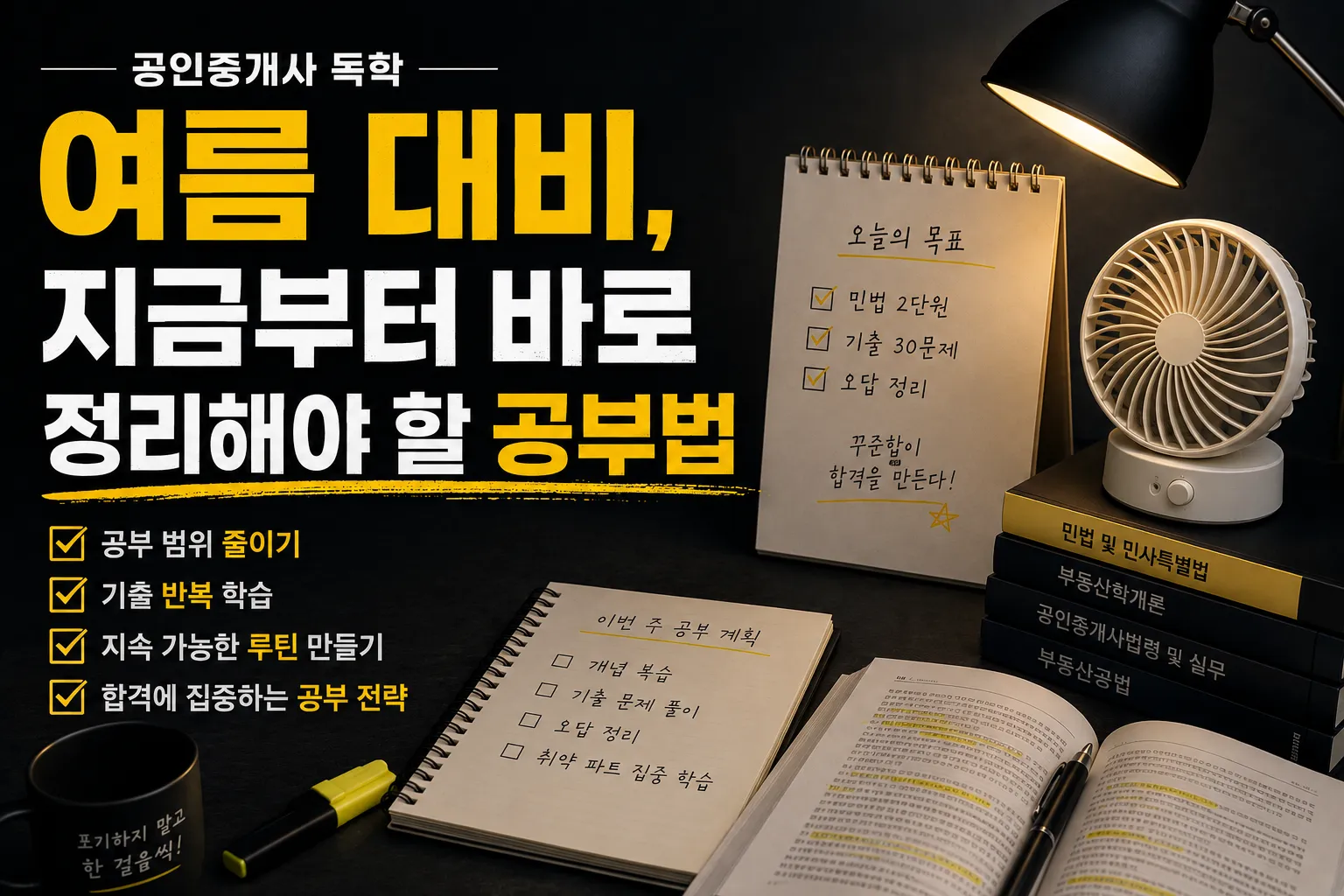 어두운 책상 위 공인중개사 교재와 노트, 미니 선풍기가 놓여 있는 여름 독학 공부법 대표 이미지