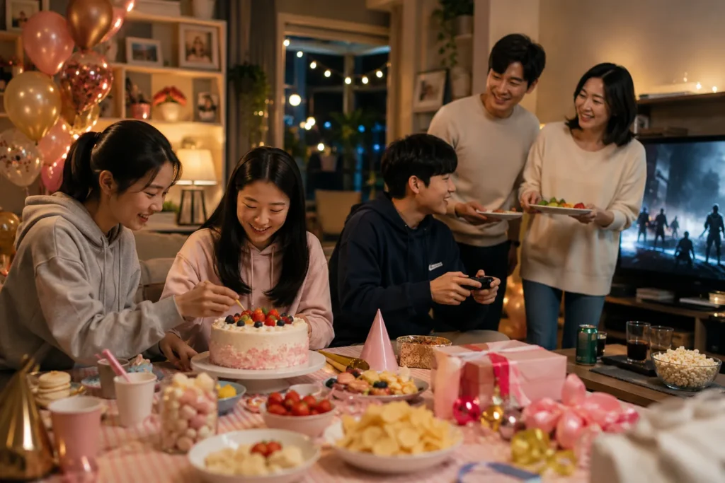 주말 가족행사로 생일파티를 즐기는 가족과 중학생 딸, 고등학생 아들의 따뜻한 모습
