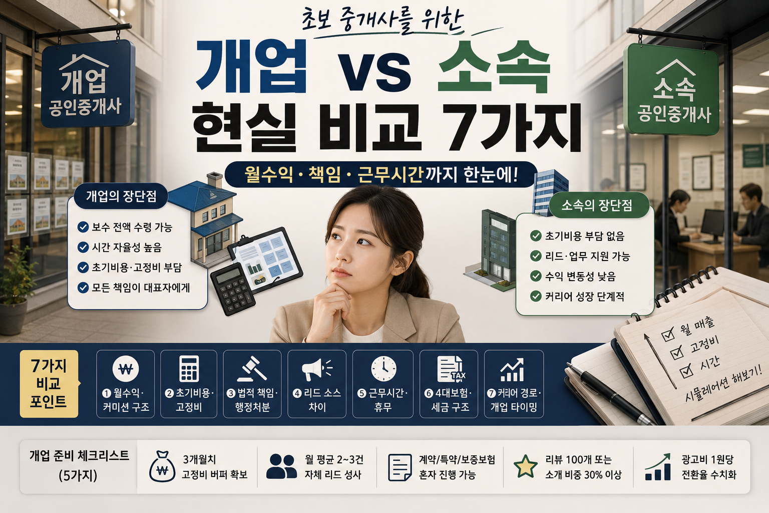 초보 공인중개사의 개업과 소속 중개사 선택을 비교한 부동산 블로그 대표이미지. 월수익, 고정비, 책임, 근무시간, 커리어 경로 등을 시각적으로 정리한 인포그래픽 썸네일
