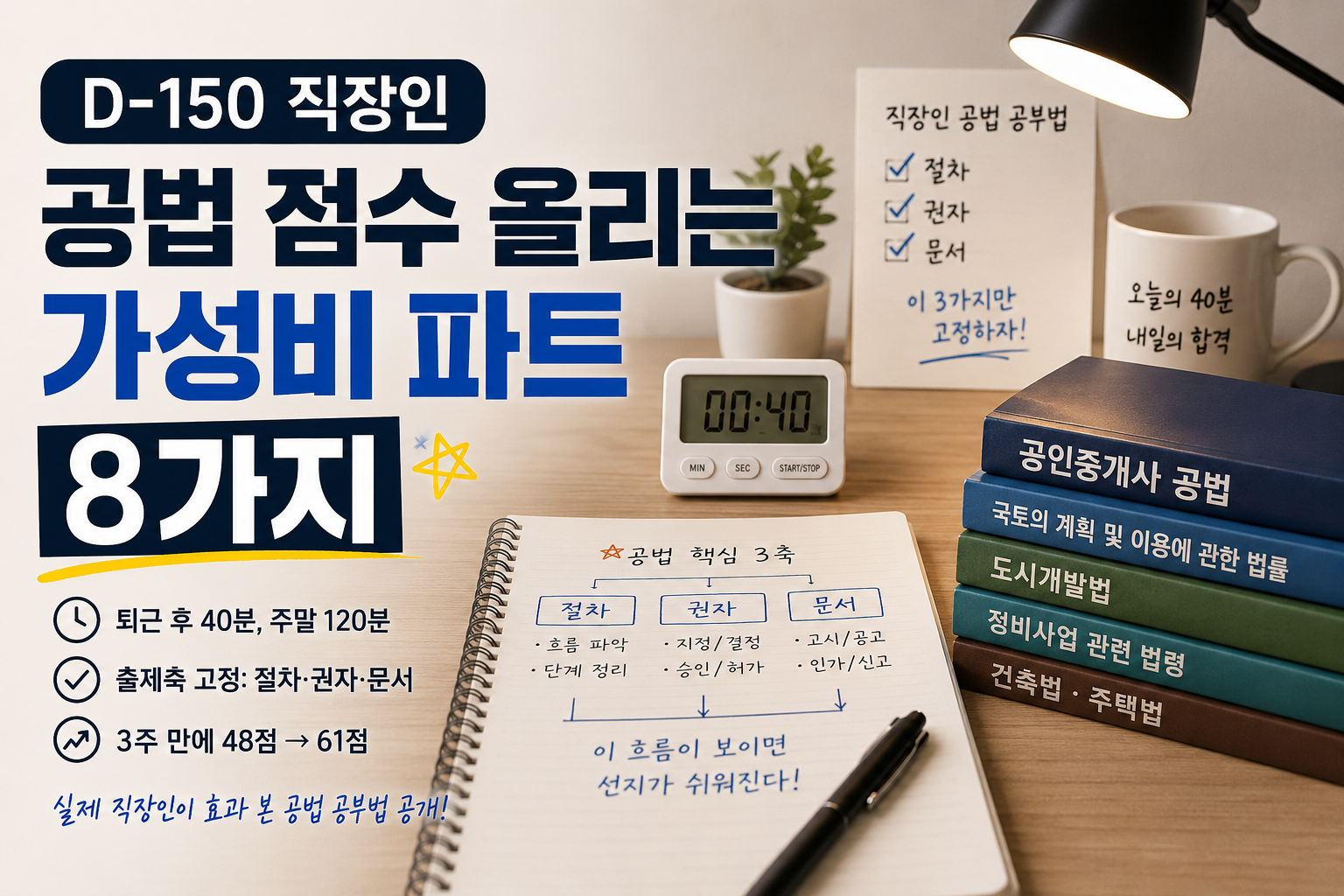 직장인 공인중개사 수험생이 퇴근 후 공법 공부 루틴으로 가성비 파트를 정리하며 점수를 올리는 전략을 설명한 대표 이미지