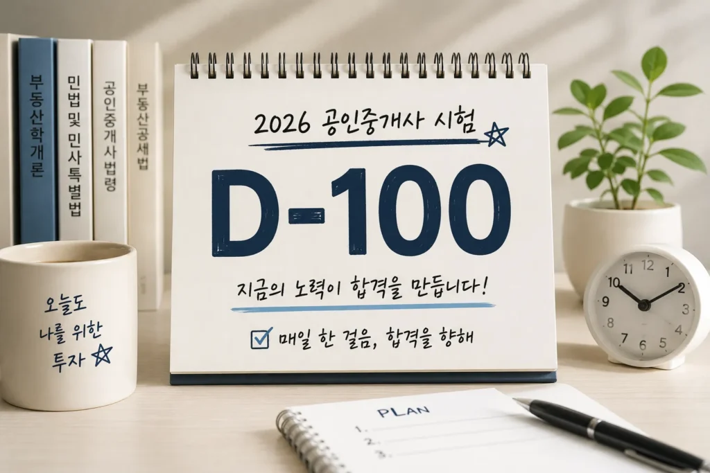 공인중개사 시험 D-100 달력과 교재, 시계가 놓인 책상에서 직장인이 100일 학습 계획을 세우는 공부 환경 이미지