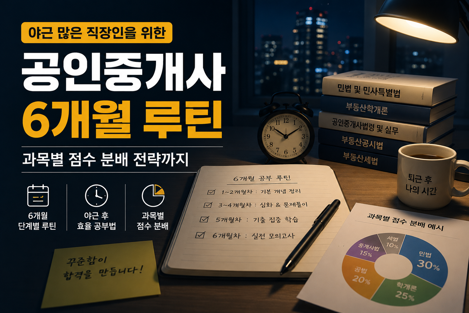 야근이 많은 직장인을 위한 공인중개사 6개월 공부 루틴과 과목별 점수 분배 전략을 정리한 이미지