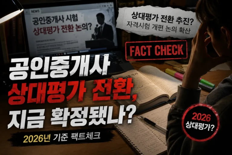 야간 조명 아래 공인중개사 시험 교재와 노트북 뉴스를 보며 상대평가 전환 이슈를 확인하는 수험생 이미지