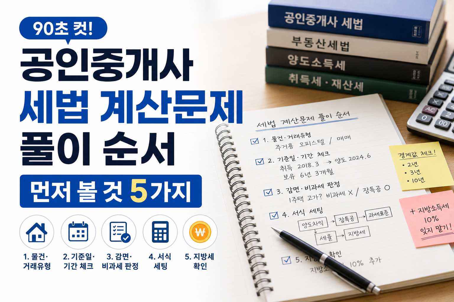공인중개사 세법 계산문제 풀이 순서와 90초 체크리스트가 정리된 공부 노트와 계산기 이미지