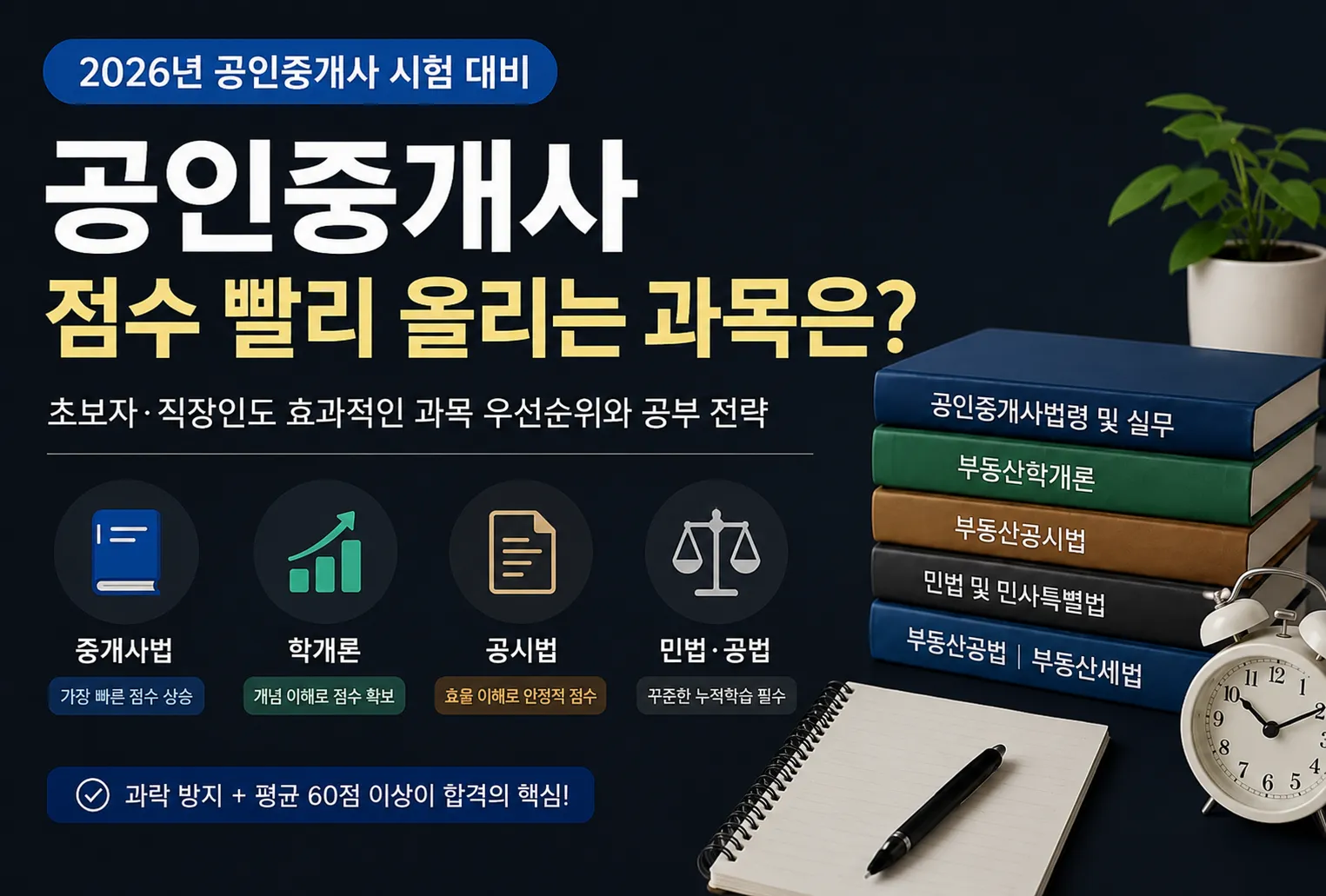 직장인 공인중개사 수험생을 위한 과목별 공부 우선순위와 점수 향상 전략을 정리한 공인중개사 시험 준비 이미지
