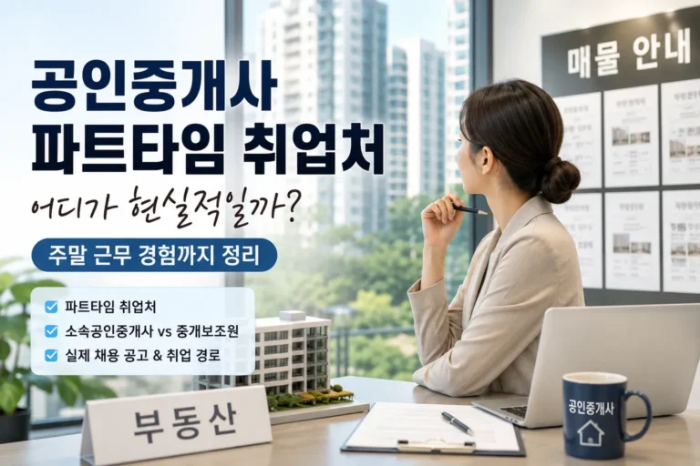 공인중개사 파트타임 취업처를 알아보는 직장인이 부동산 사무소에서 주말 근무와 취업 정보를 살펴보는 모습