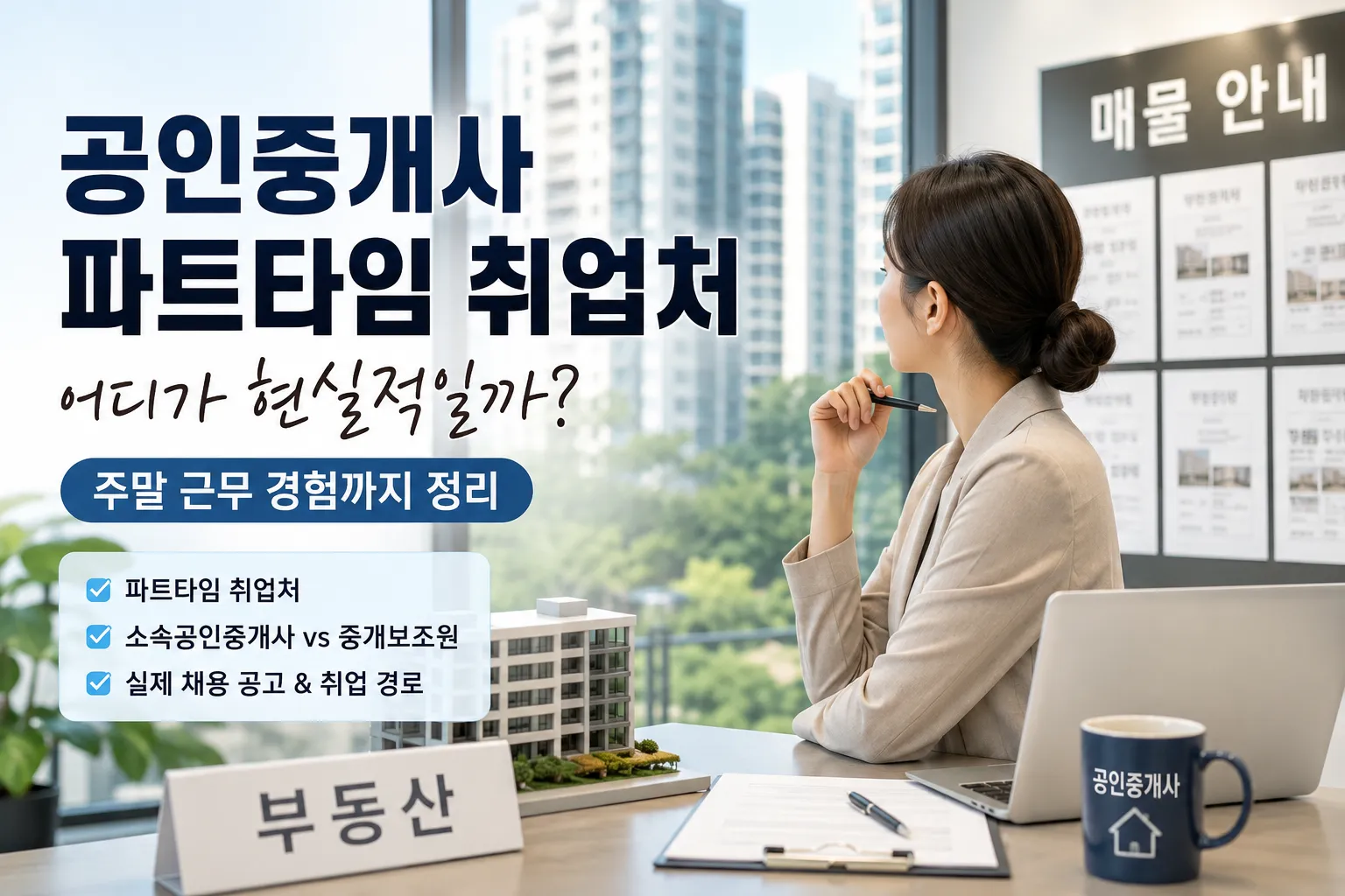 공인중개사 파트타임 취업처를 알아보는 직장인이 부동산 사무소에서 주말 근무와 취업 정보를 살펴보는 모습
