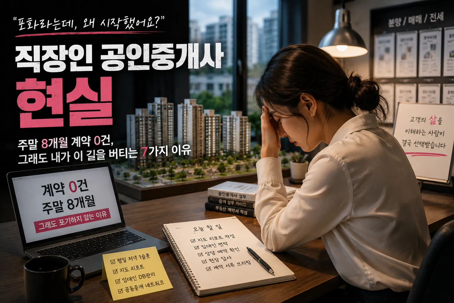 신축아파트 부동산 사무실에서 계약 0건 현실 속에서도 업무 노트를 정리하며 고민하는 여성 직장인 공인중개사 이미지