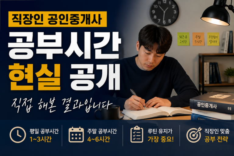 직장인이 퇴근 후 공인중개사 시험 공부를 하는 모습과 현실적인 공부시간 전략을 설명하는 이미지