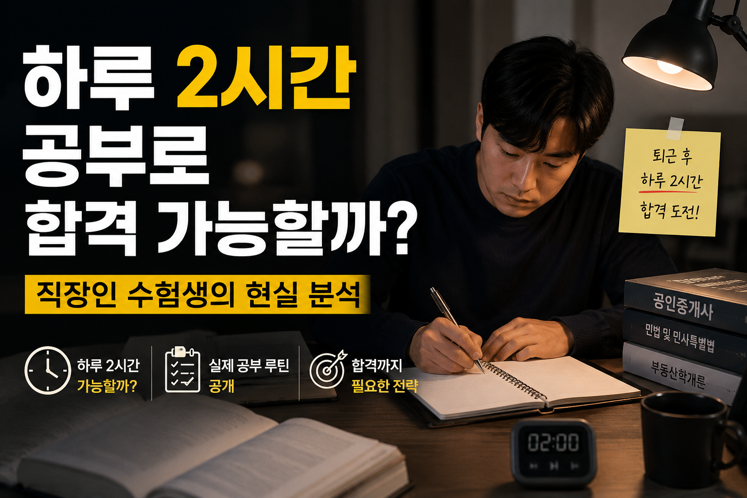 퇴근 후 하루 2시간씩 공인중개사 시험 공부를 하는 직장인의 현실적인 공부 루틴과 합격 가능성을 표현한 이미지