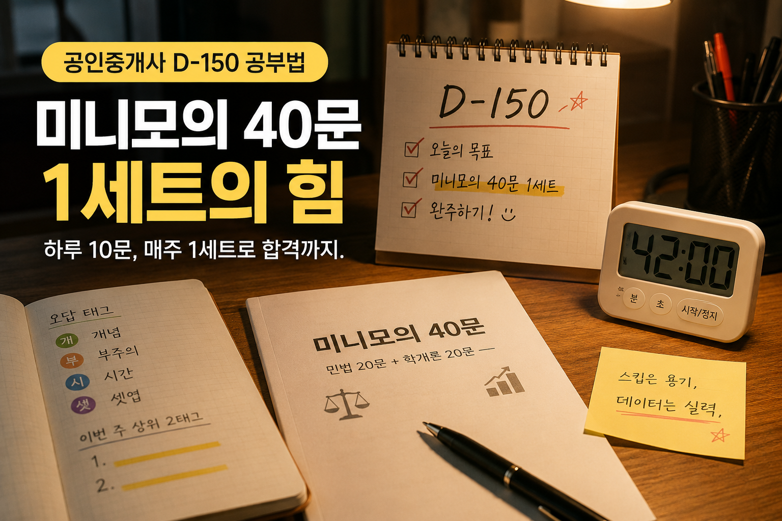 공인중개사 D-150 공부법 미니모의 40문 루틴 공부 장면