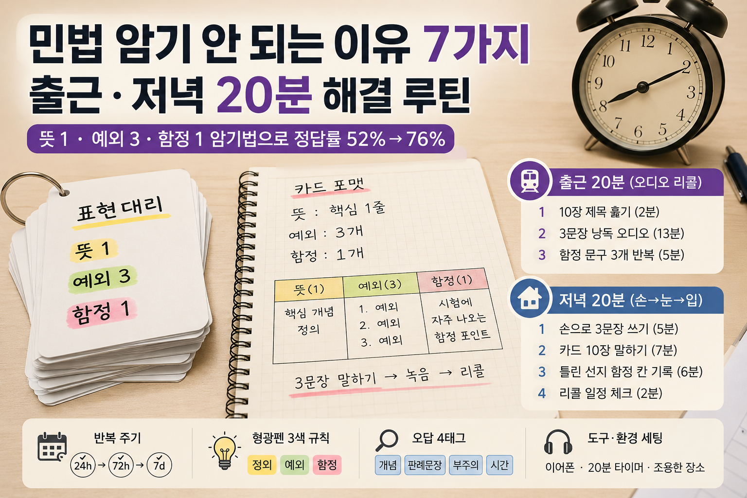 민법 암기 안 되는 이유 7가지와 출근·저녁 20분 암기 루틴을 정리한 공인중개사 공부 이미지. 민법 카드 암기법, 예외·함정 정리, 오디오 리콜, 반복 주기 루틴 등이 포함된 직장인 수험생 공부 컨셉.