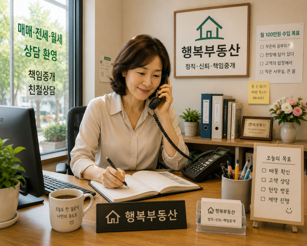 은퇴 후 작은 공인중개사 사무실에서 전화 상담을 하며 일하는 워킹맘 공인중개사 이미지