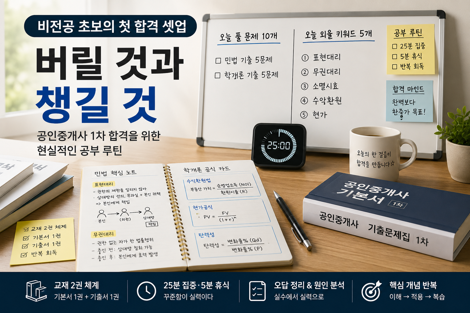 비전공 초보 공인중개사 수험생의 첫 합격 셋업을 정리한 공부 루틴 대표이미지. 화이트보드, 타이머, 민법 노트, 공인중개사 기본서와 기출문제집이 배치된 책상 구성
