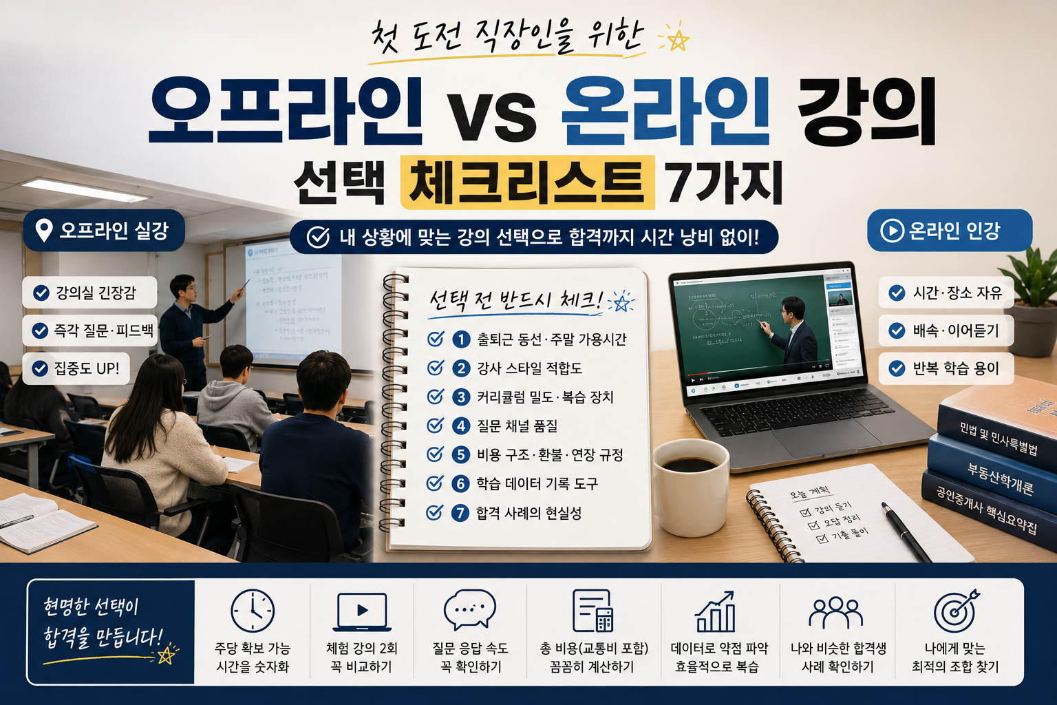 직장인 공인중개사 수험생을 위한 오프라인 실강과 온라인 인강 비교 체크리스트 대표이미지. 강의실 수업과 노트북 인강 화면, 공부 체크리스트가 함께 구성된 썸네일