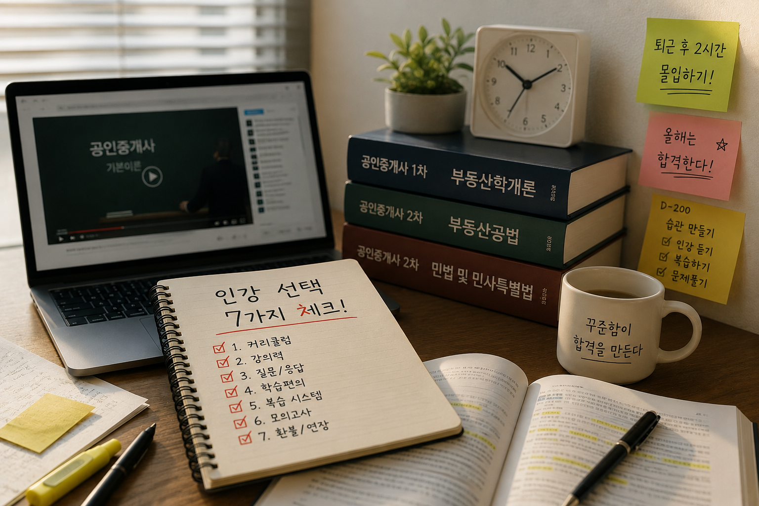 직장인 공인중개사 시험 준비를 위한 인강 선택 체크리스트와 공부 책상이 담긴 대표 이미지