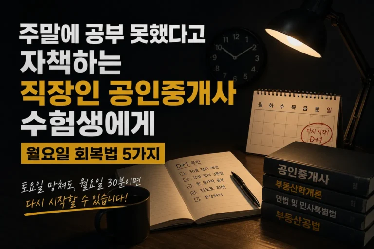 직장인 공인중개사 수험생이 어두운 밤 책상에서 공부하며 월요일 D+1 회복 루틴을 준비하는 모습
