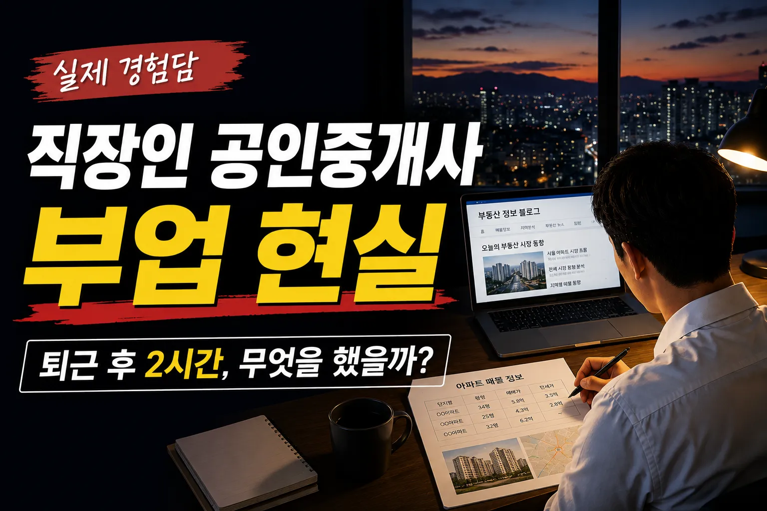 퇴근 후 부동산 블로그를 운영하고 고객 상담과 매물 관리를 하며 직장인 공인중개사 부업을 경험하는 모습