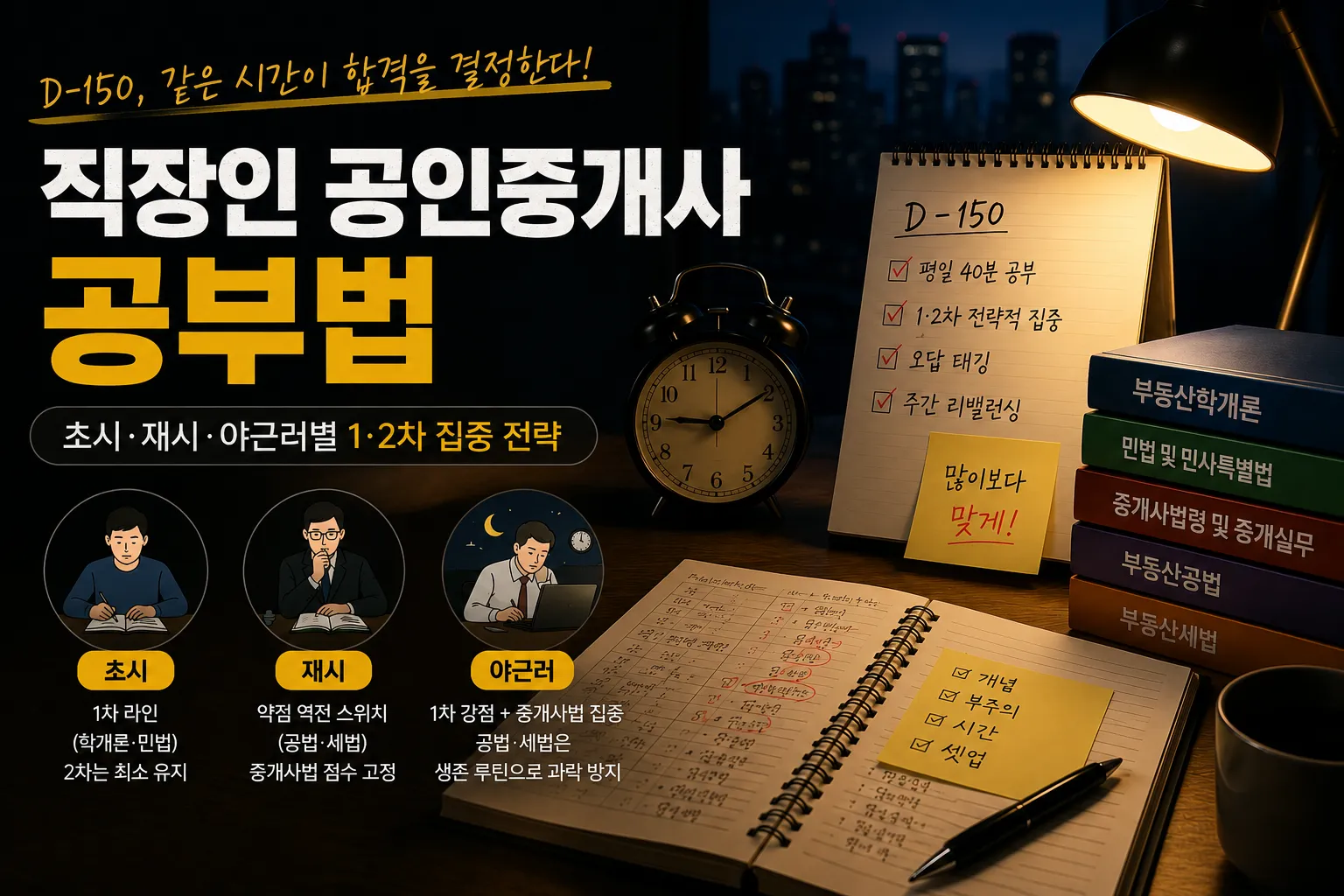 야간 공부 분위기의 직장인 공인중개사 공부법 이미지와 D-150 시험 준비 루틴, 오답노트, 체크리스트가 놓인 책상 장면