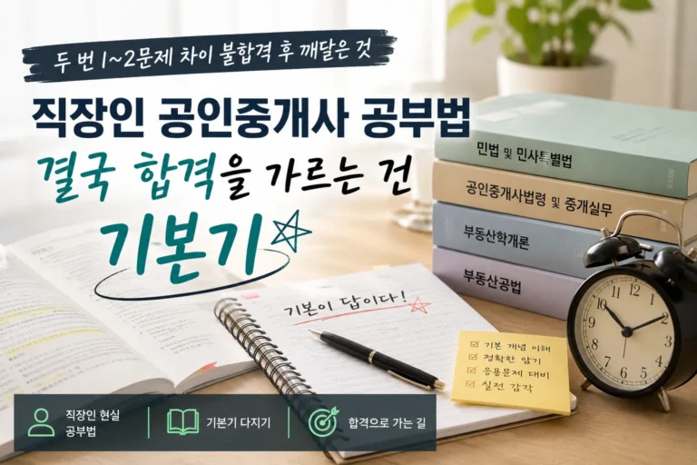 직장인 공인중개사 공부법과 기본기 중요성을 표현한 책상 공부 장면 이미지