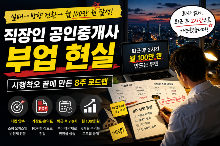 퇴근 후 야간 투어와 블로그 마케팅으로 직장인 공인중개사 부업 구조를 만드는 8주 실행 로드맵 대표 이미지