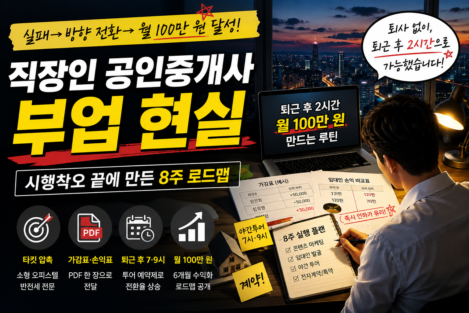 퇴근 후 야간 투어와 블로그 마케팅으로 직장인 공인중개사 부업 구조를 만드는 8주 실행 로드맵 대표 이미지