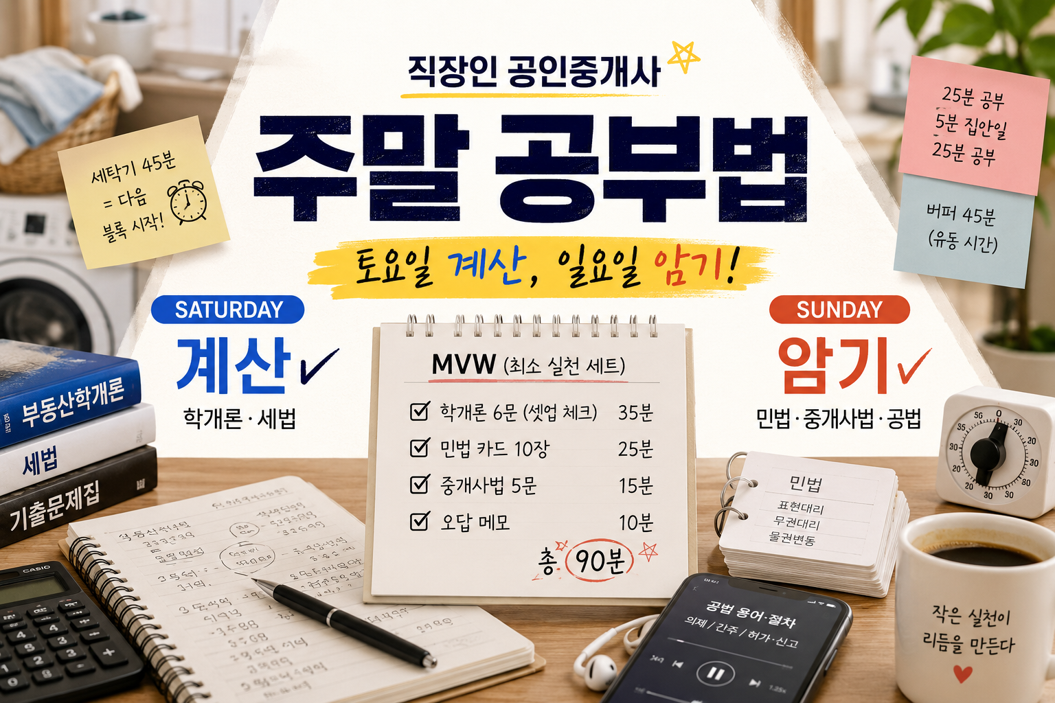 직장인 공인중개사 주말 공부법을 주제로 한 이미지. 토요일 계산 과목과 일요일 암기 과목 루틴, 세탁기 타이머와 공부 체크리스트가 함께 배치된 현실적인 주말 공부 시간표 컨셉.