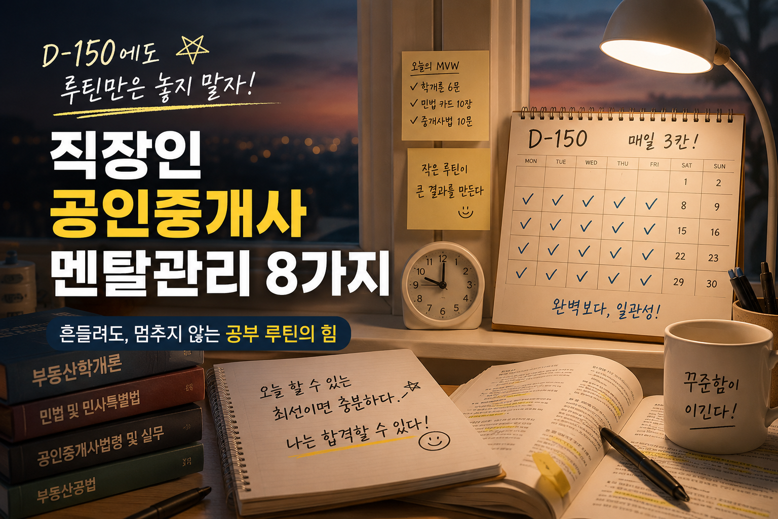 D-150 직장인 공인중개사 멘탈관리 공부 루틴 이미지. 야간 공부 책상과 체크리스트, 루틴 그래프가 놓인 현실적인 직장인 수험생 공부 공간.