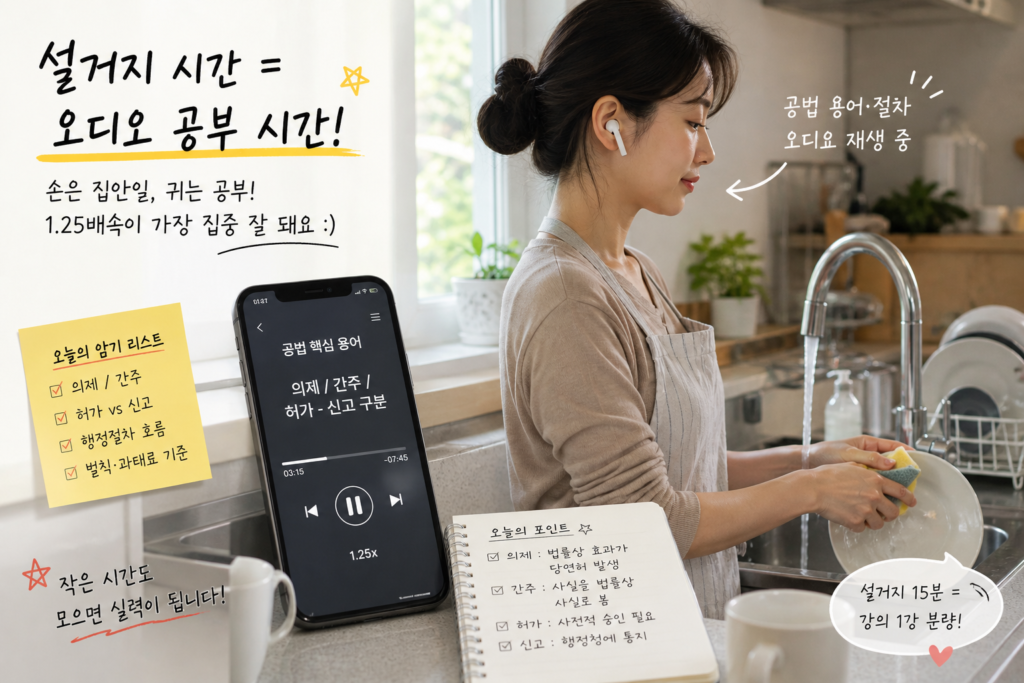 설거지를 하면서 이어폰으로 공인중개사 오디오 강의를 듣는 직장인 수험생 이미지. 집안일과 공부를 병행하며 공법 용어와 암기 내용을 학습하는 현실적인 주말 공부 루틴 컨셉.