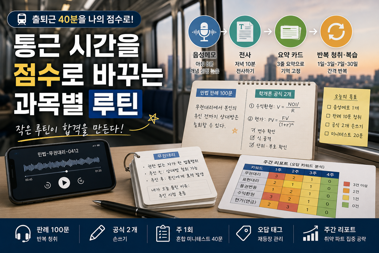 출퇴근 시간을 활용한 공인중개사 과목별 공부 루틴 대표이미지. 지하철 통근 배경과 음성메모, 민법 판례 카드, 학개론 공식 노트, 오답 리포트가 함께 구성된 학습 썸네일