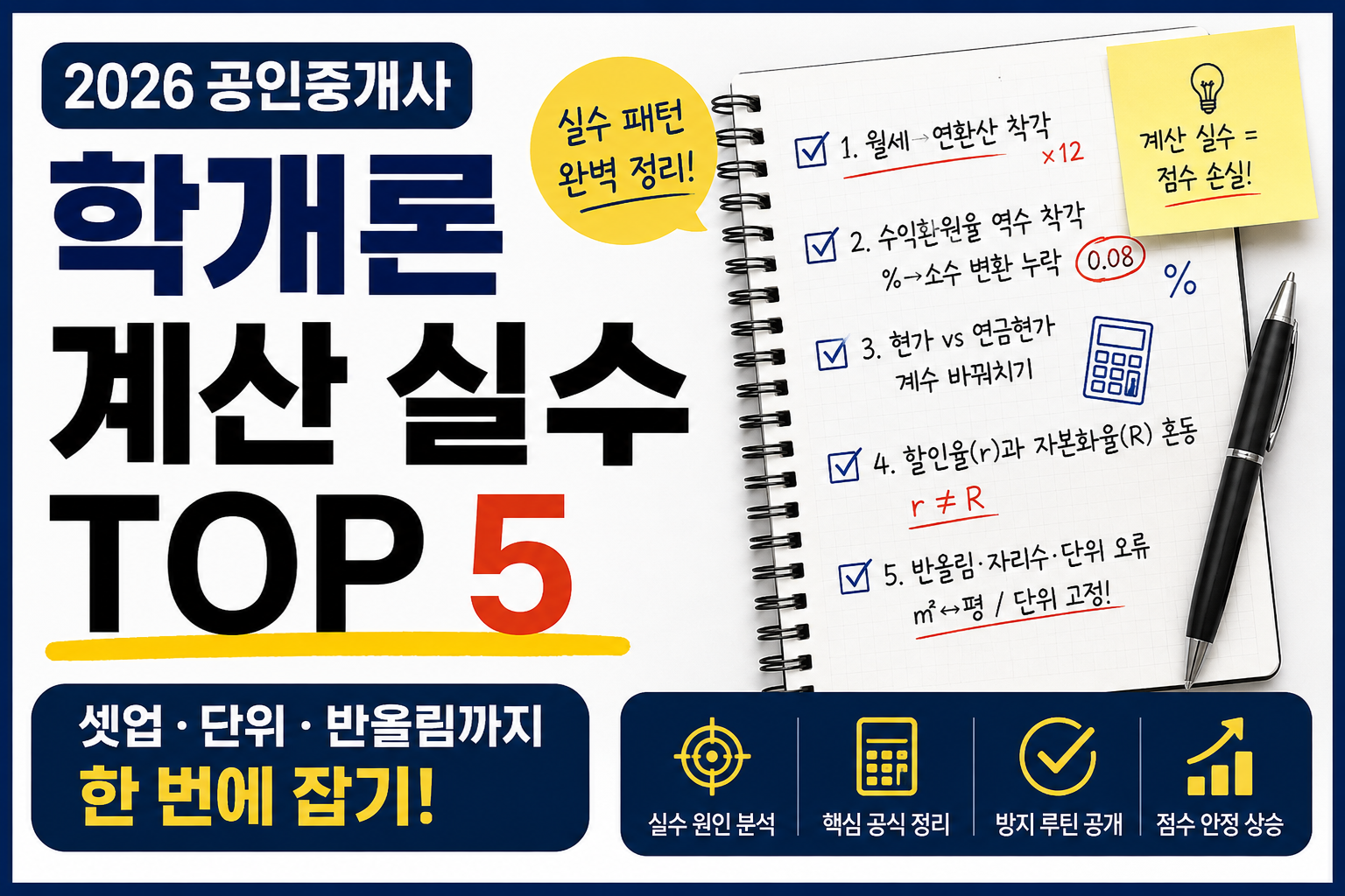 2026 공인중개사 학개론 계산 실수 TOP5를 정리한 이미지. 월세 연환산, 수익환원율, 현가 계산, 자본화율, 반올림·단위 오류 등 학개론 계산 문제 실수를 체크리스트 형식으로 정리한 공부 이미지.