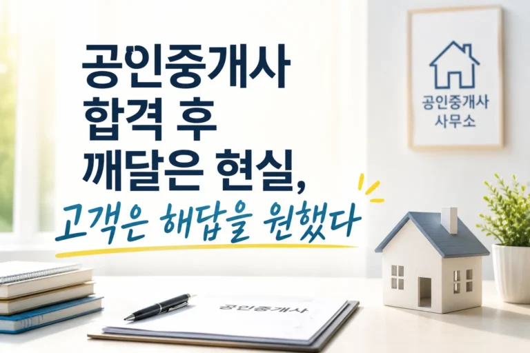 공인중개사 합격 후 실무 현실을 상징하는 밝은 부동산 사무실 이미지와 '고객은 해답을 원했다' 문구