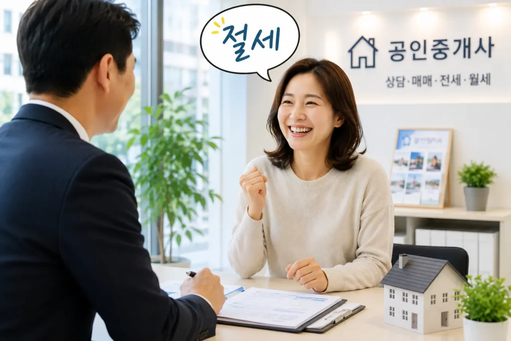 공인중개사 상담 후 절세 해답을 얻은 고객이 만족해하는 모습, 공인중개사 실무 상담 현장 이미지