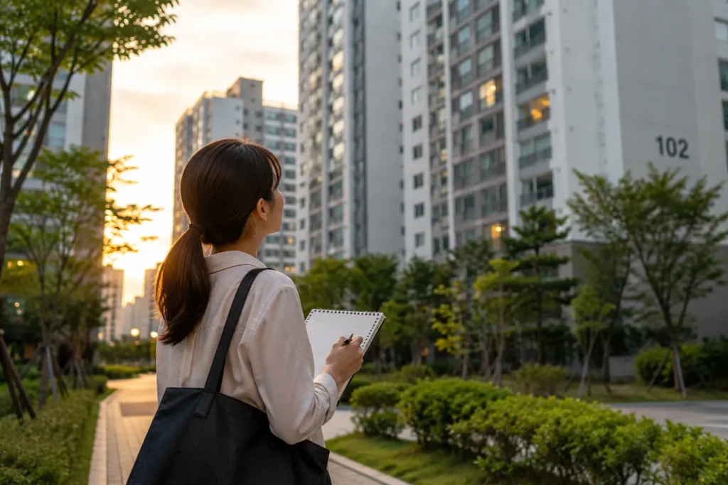 퇴근 후 아파트 단지를 걸으며 부동산 시장을 살펴보는 워킹맘의 임장 활동 모습