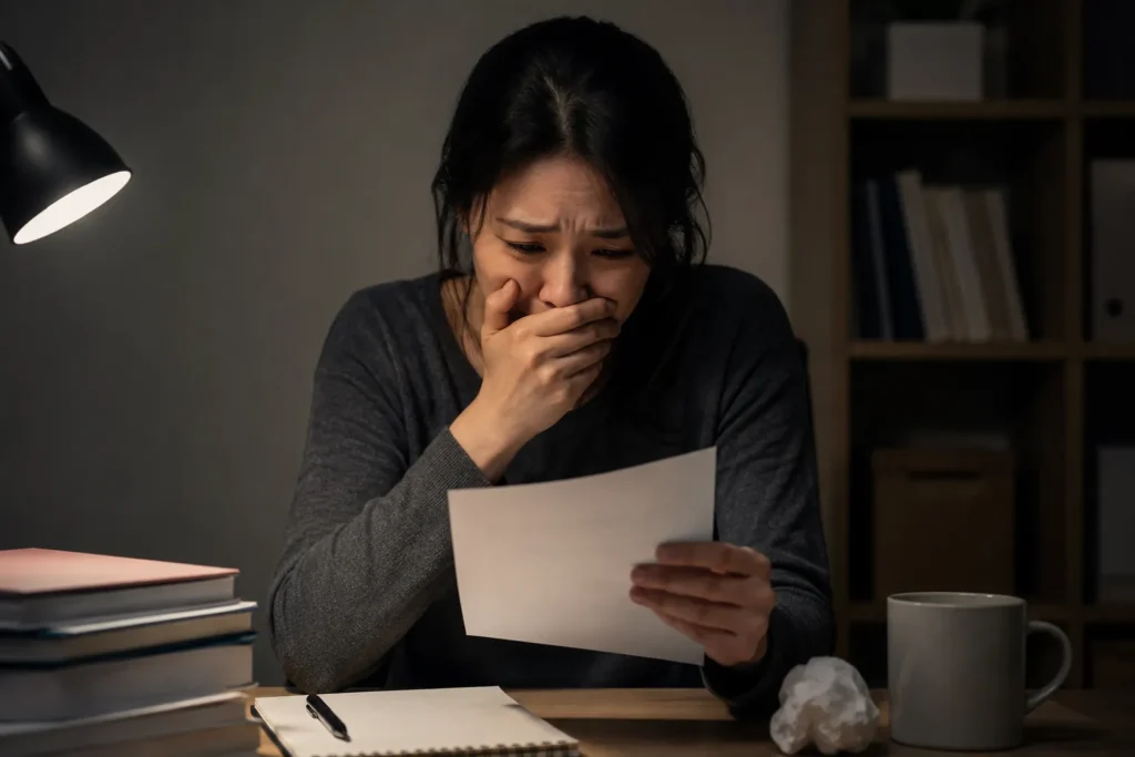 공인중개사 유예생으로 2차 시험에 도전했지만 불합격 결과를 확인하고 힘들어하는 여성 수험생