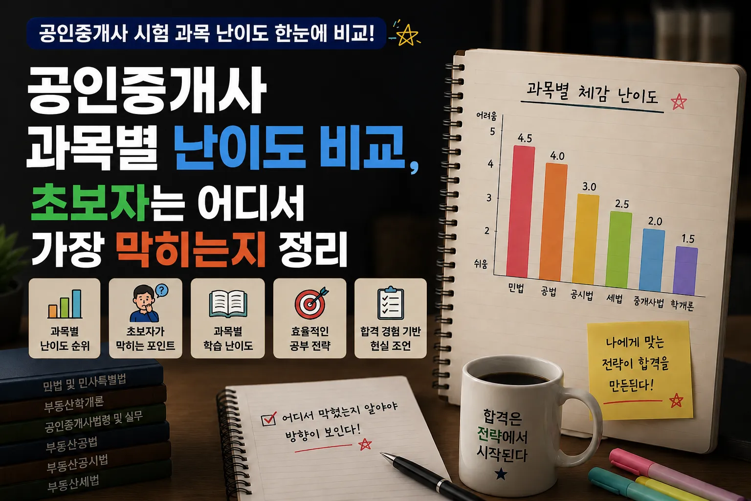 공인중개사 과목별 난이도를 비교한 학습 가이드 이미지로 민법, 공법, 공시법, 세법, 중개사법의 체감 난이도와 초보자가 막히는 과목을 정리한 모습