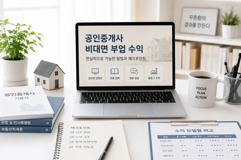 공인중개사 비대면 부업 수익 방법과 체크포인트를 정리한 노트북 중심의 밝은 홈오피스 이미지
