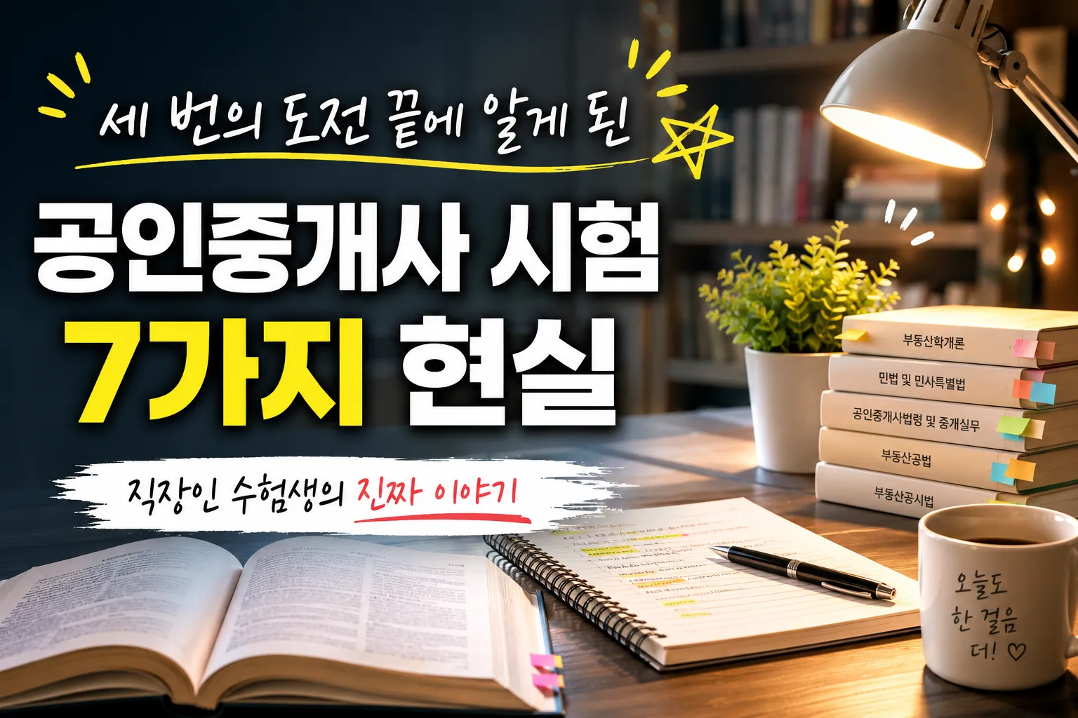 공인중개사 시험을 세 번 치르며 공부 방향과 체력 관리, 기본기 학습의 중요성을 깨달은 직장인 수험생의 실제 경험을 상징하는 이미지
