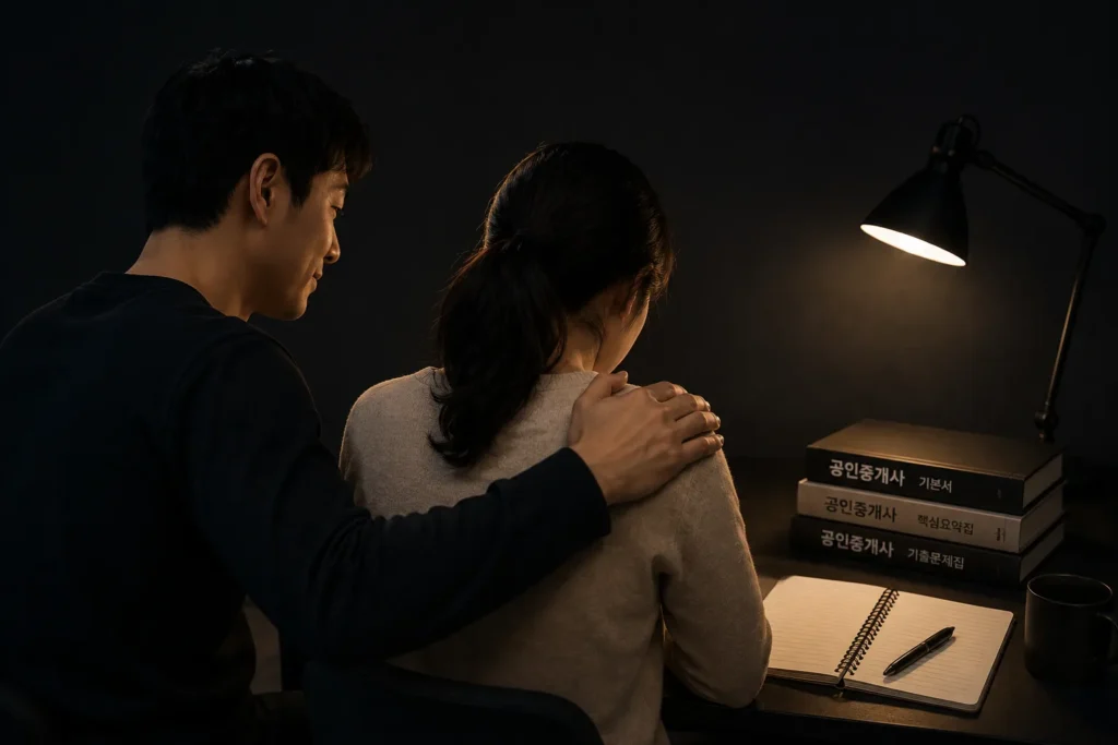 공인중개사 시험 불합격 후 공부를 포기했던 여성 수험생이 남편의 응원을 받으며 다시 도전을 결심하는 모습