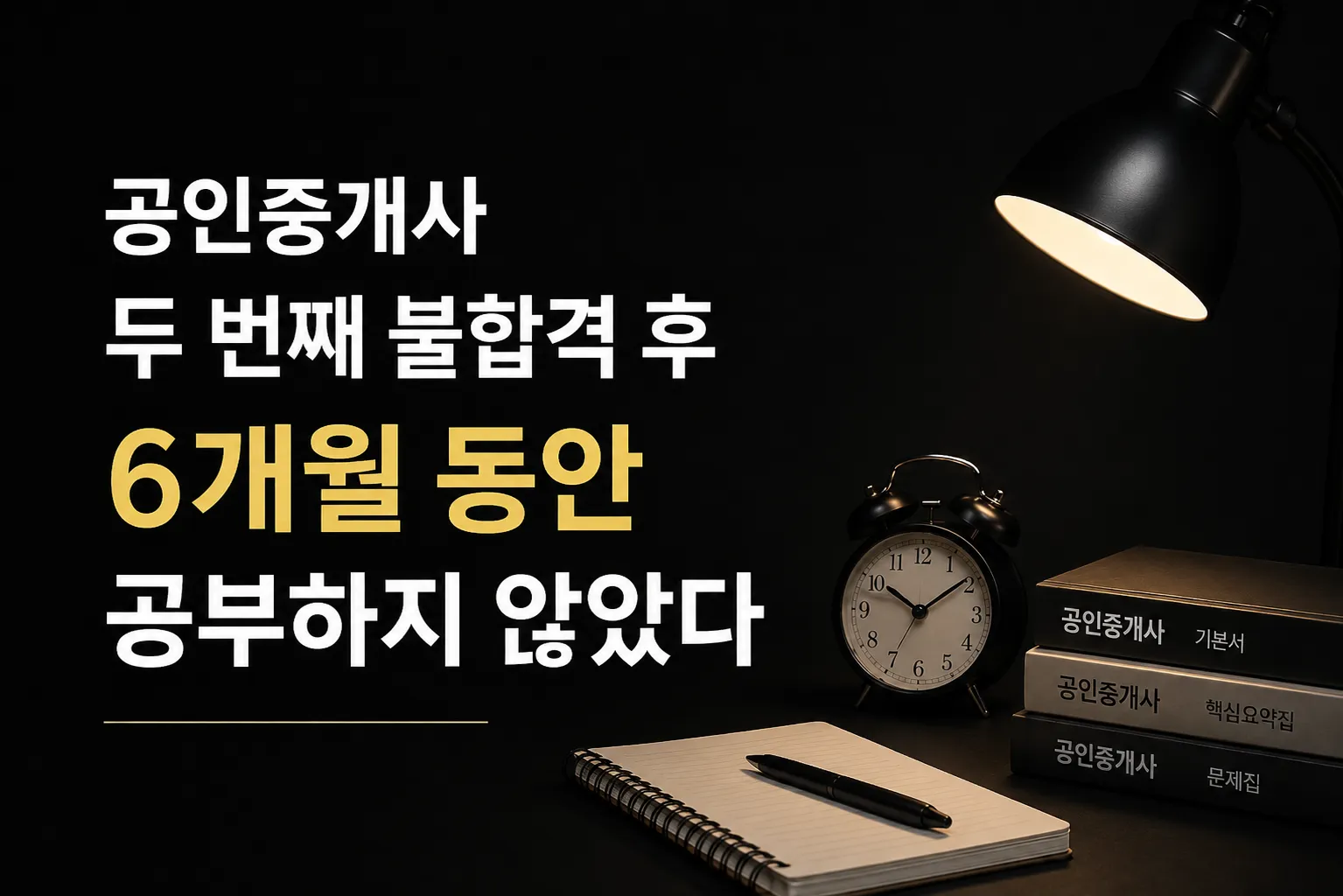 공인중개사 두 번째 불합격 후 6개월 동안 공부를 중단했던 직장인 수험생의 재도전 경험을 상징하는 이미지