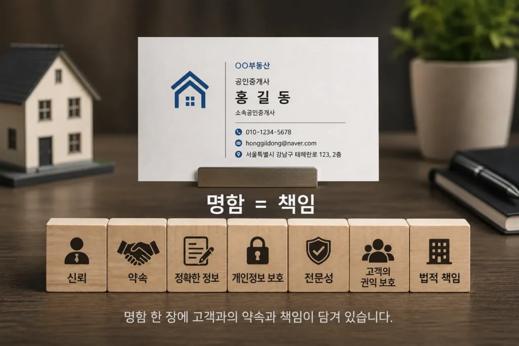 공인중개사 명함은 단순한 연락처가 아닌 고객 신뢰와 책임을 의미한다는 내용을 표현한 이미지