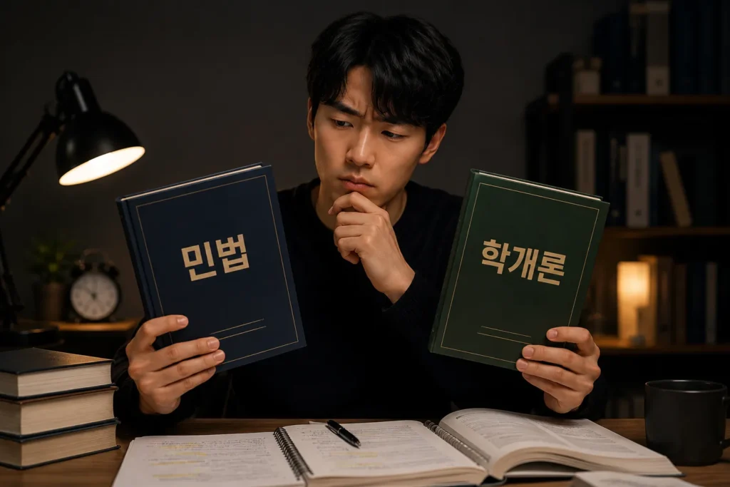 민법과 학개론 교재를 비교하며 공부순서를 고민하는 공인중개사 수험생