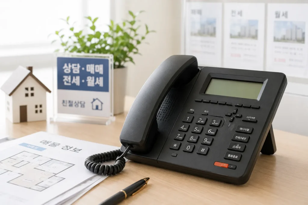 부동산 사무실 책상 위 전화기와 매물 정보 서류, 공인중개사 전화상담 업무를 상징하는 이미지