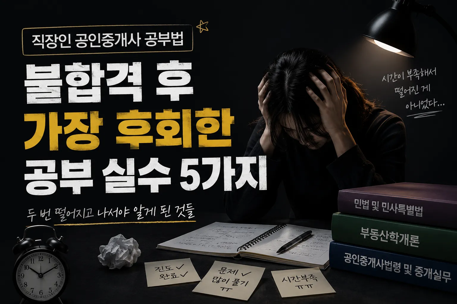 직장인 공인중개사 공부법과 불합격 후 후회한 공부 실수를 고민하는 수험생 모습