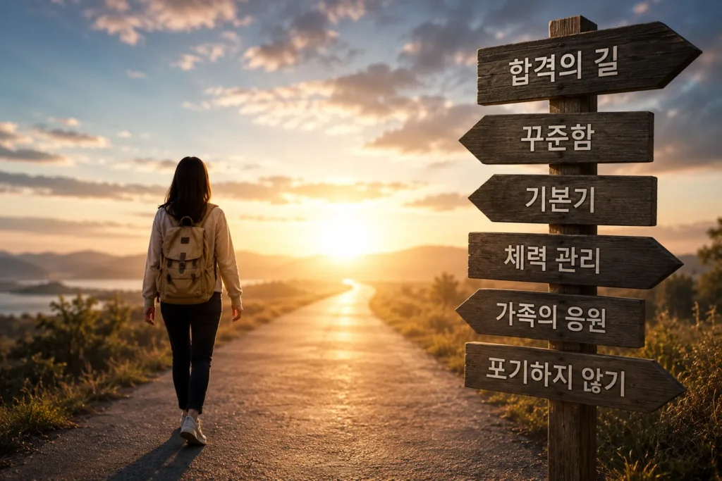 공인중개사 시험을 준비하며 공부 방향과 체력 관리, 가족의 응원을 바탕으로 합격을 향해 걸어가는 수험생의 모습